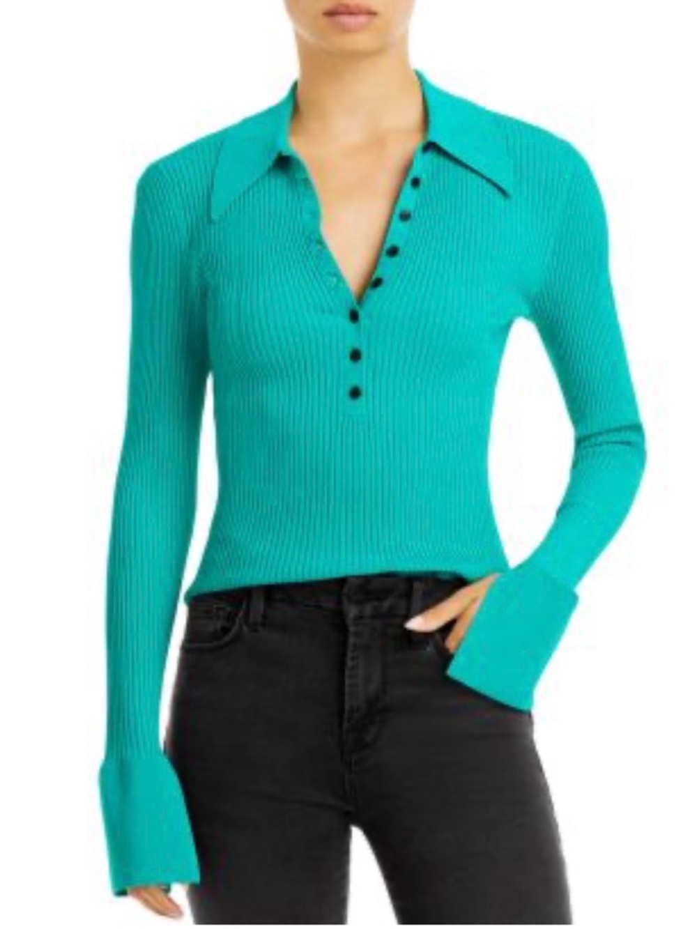 A.L.C. Ribbed Long-Sleeve Polo Top in Teal Blue-Green
